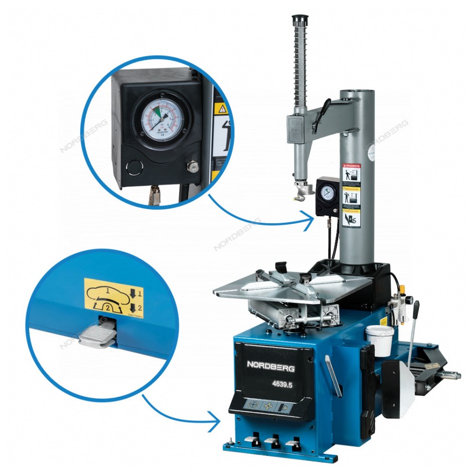Полуавтоматический шиномонтажный станок NORDBERG 4639,5ID с усиленным отжимом и подкачкой педалью, 2 скорости, зажимы 13-26&quot;, 380 В (Синий)